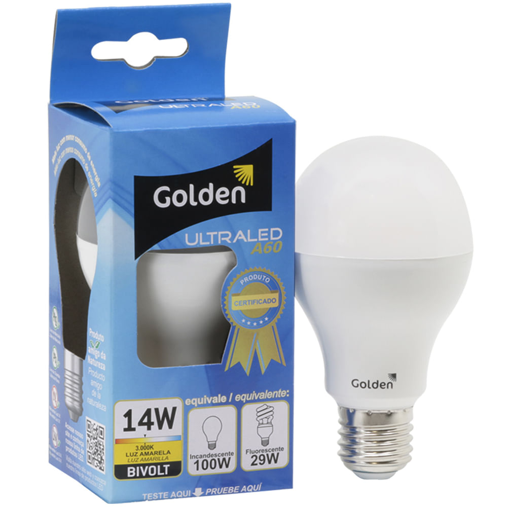 Lampada-LED-14W-Residencial---Bulbo-E27-Bivolt-Golden®---Branco-Quente-Amarela-3000K-01